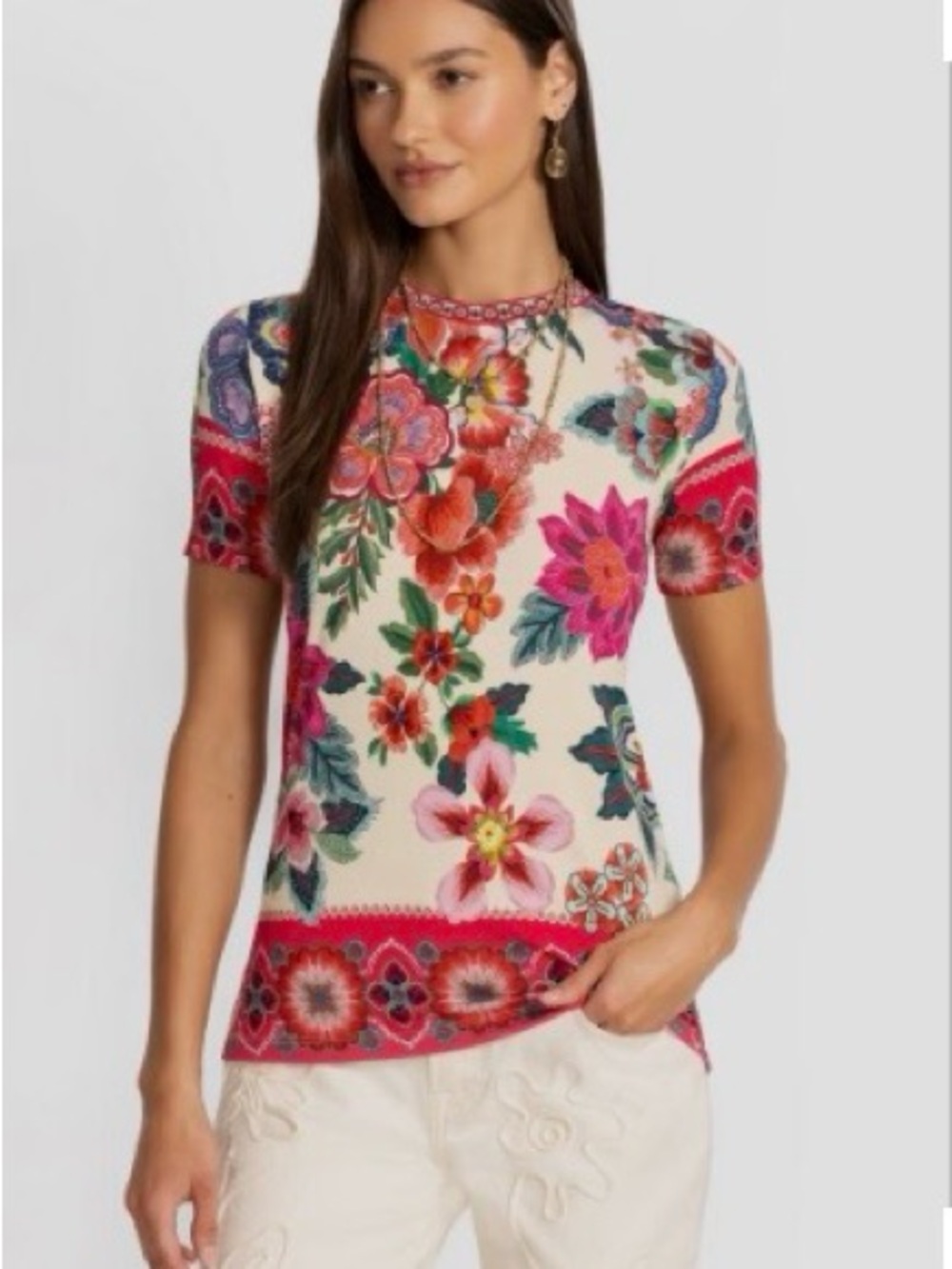 Johnny Was, Janie Cream Kallie Scarf print floral Short-Sleeve Tee NWT, XXL